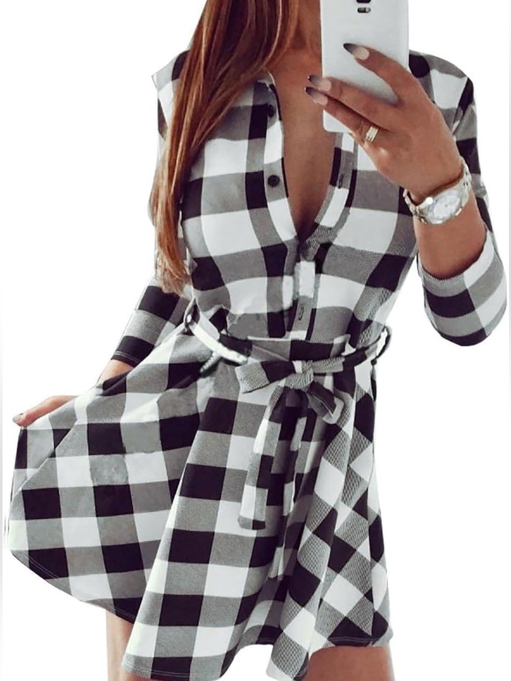 FANCYINN Women’s Long Sleeve Plaid Pattern Shirt Casual Dress
